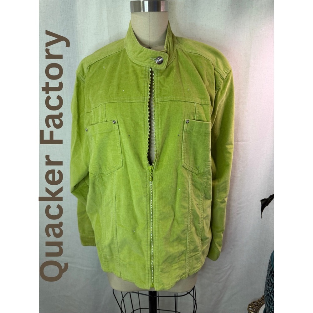Quacker Factory Green Corduroy Zip Jacket Mock Neck Bling Rhinestone Pockets L
